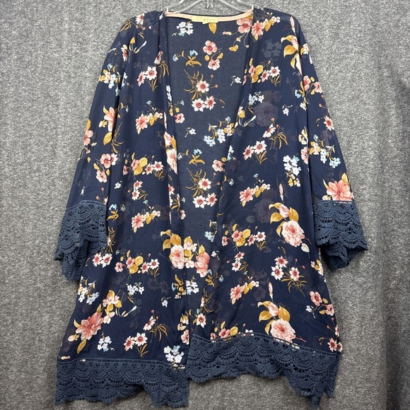 Rewind Sweaters - Rewind Floral Kimono Cardigan 3XL Sage Lace Trim Boho Lightweight Sheer Layer